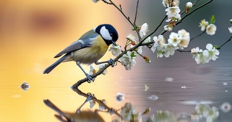 A Great Tit on a Flowering Branch, Perfectly Mirrored in Tranquil Waters