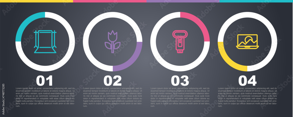 Aufkleber set line empty photo studio, photo mode macro, camera flash and retouching. business infographic tem
