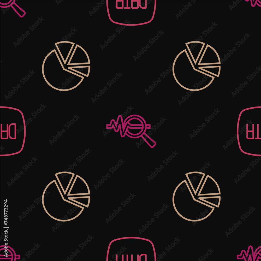 Poster set line data analysis, pie chart infographic and search data on seamless pattern. vector