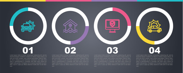 Set line Car accident, House flood, Insurance online and . Business infographic template. Vector