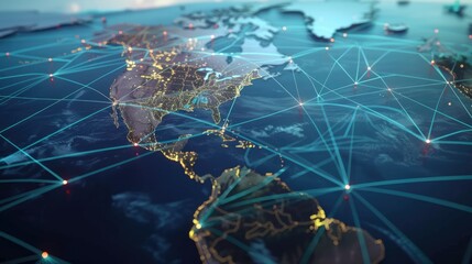 Global supply chain network with interconnected shipping routes and distribution hubs.