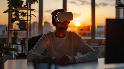 Enjoying virtual reality headset joyful guy sitting at table near computer in modern and comfortable office room. - obrazy, fototapety, plakaty