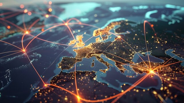 Global supply chain network with interconnected shipping routes and distribution hubs.