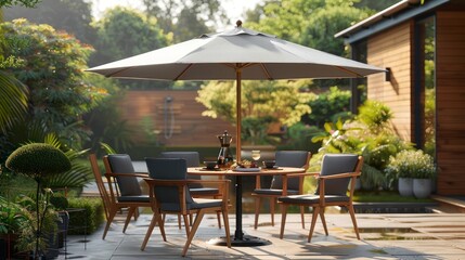 A Serene Setting with a Parasol, Table, and Chairs for Ultimate Relaxation