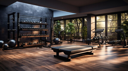 A home gym setup with functional fitness equipment.