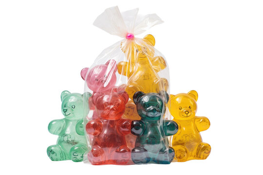 A bag of gummy bears neatly stacked on top of each other, forming a colorful and tempting tower of chewy candies. The gummy bears are different colors and flavors.
