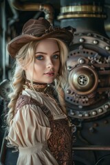 Fototapeta na wymiar Beautiful Blonde Woman Background in the Style Steampunk Gears and Steam Pipes integrated into Her Design created with Generative AI Technology