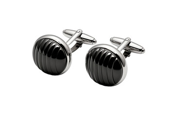 A pair of elegant cufflinks with a black and silver color combination, resting on a flat surface. The cufflinks are sleek and sophisticated, perfect for formal occasions.