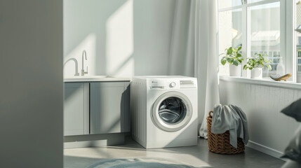 Corner of stylish laundry room with white walls, concrete floor, gray cabinets, modern washing machine and dryer and comfortable sink