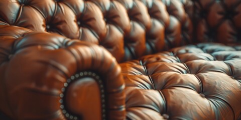 Obraz premium Warm hues of a brown leather chesterfield sofa highlighting luxurious comfort and classic design