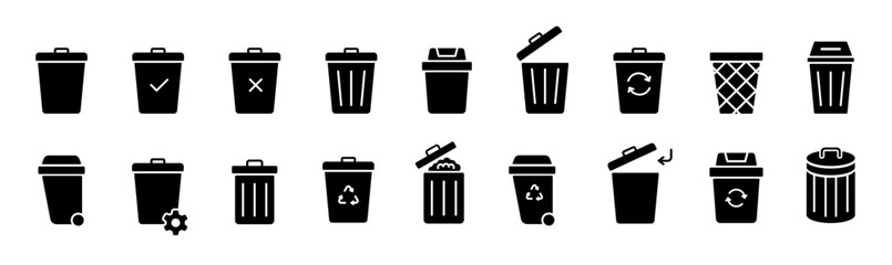 Bin silhouette icon set. Trash, garbage, waste icons collection. Bin, bucket symbols icons silhouette