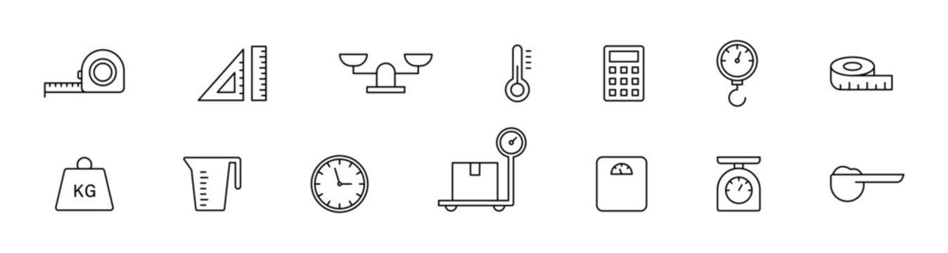 Measure, weight icons collection. Instrument scale measurement outline icons set. Measure vector icon