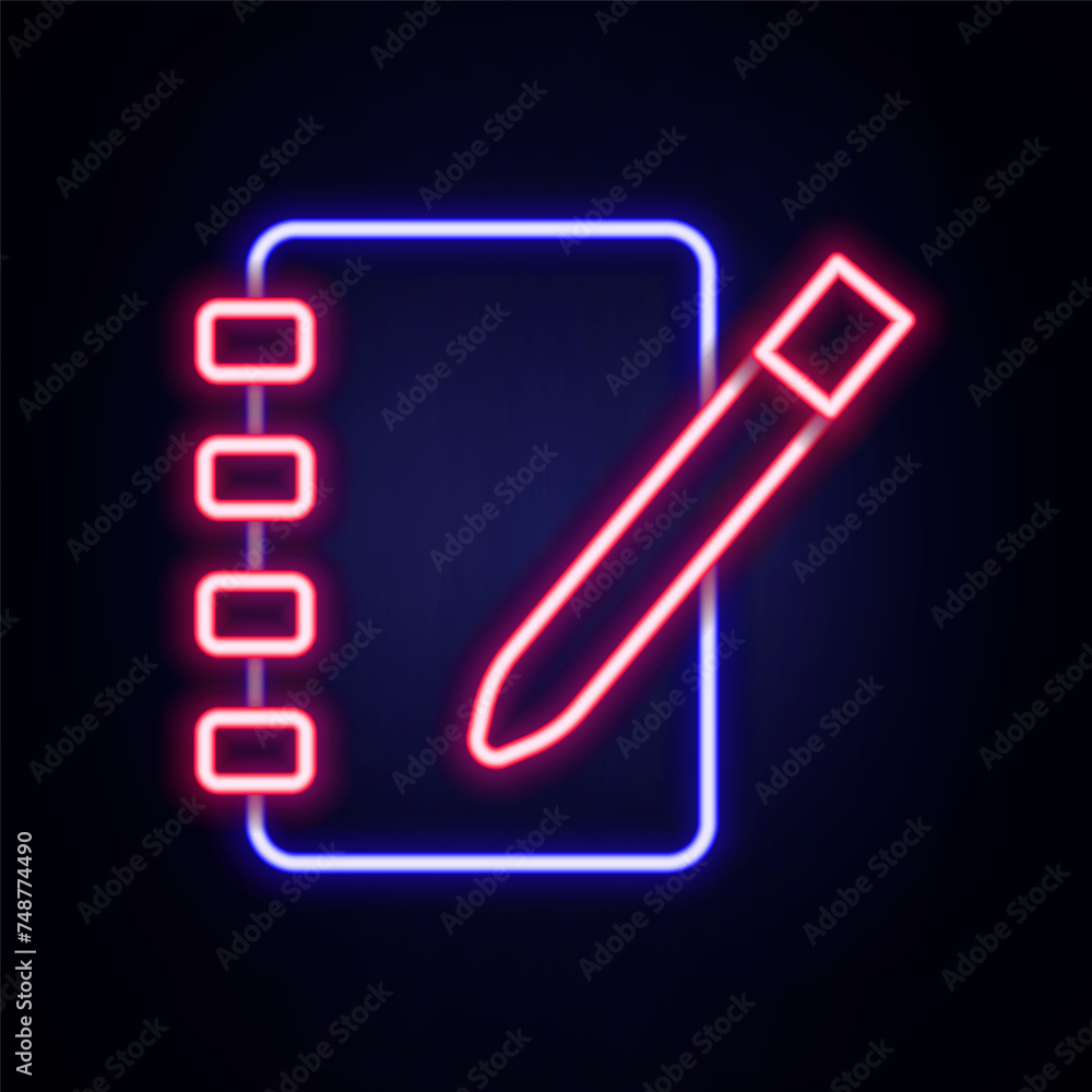 Aufkleber glowing neon line notebook icon isolated on brick wall background. spiral notepad icon. school noteb