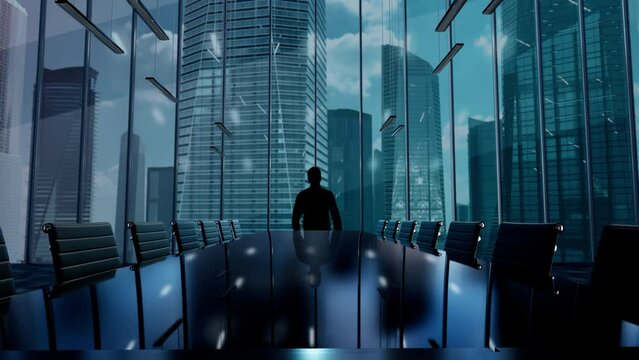 Obligations. Businessman Working in Office among Skyscrapers. Hologram Concept