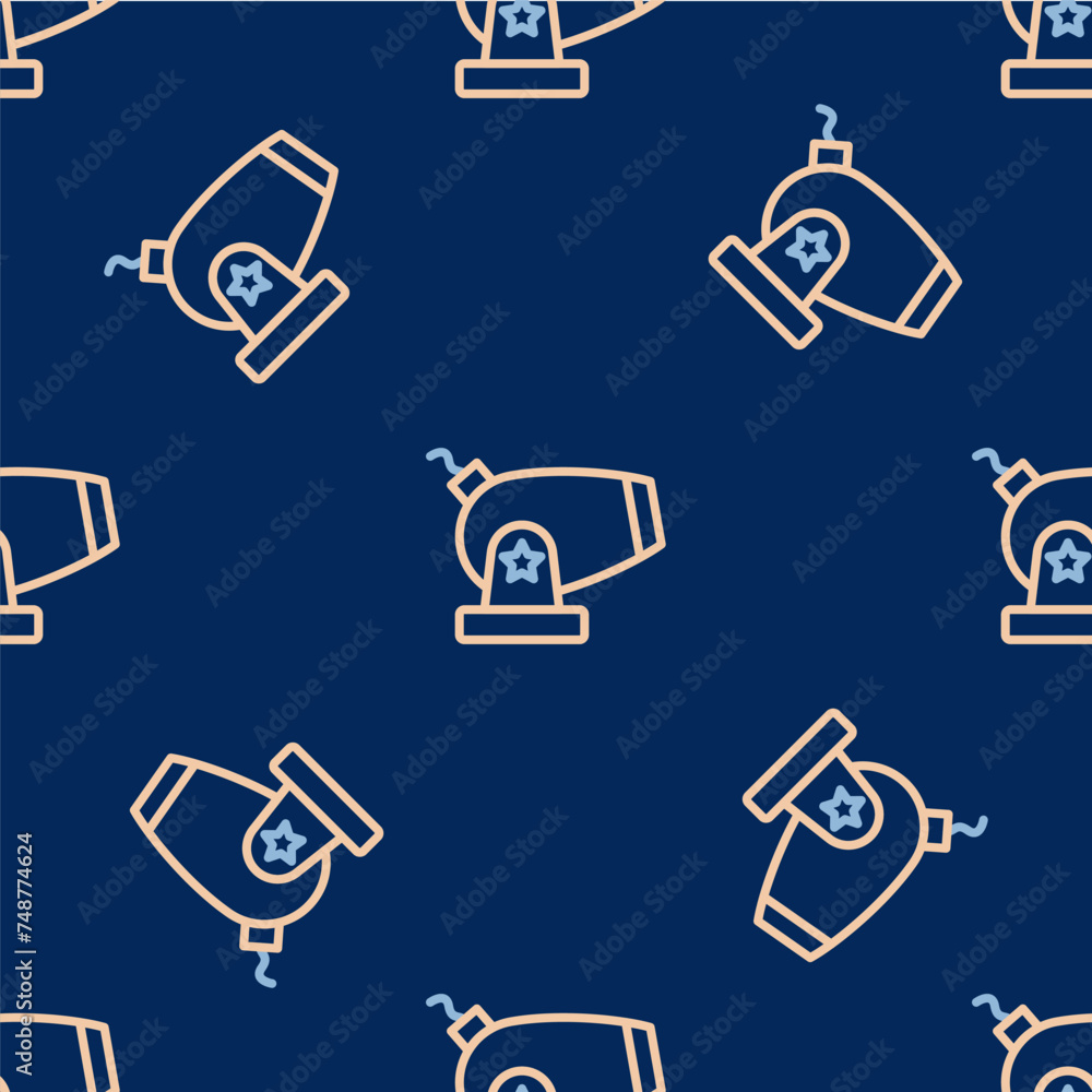 Poster line cannon icon isolated seamless pattern on blue background. vector