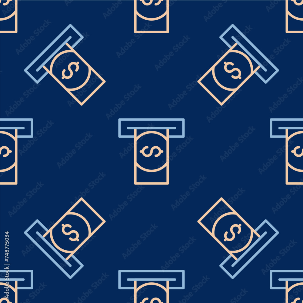 Poster line atm - automated teller machine and money icon isolated seamless pattern on blue background. vec