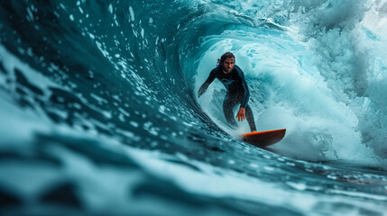 Surfer playing on big waves in the sea