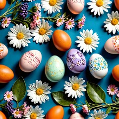 Obraz na płótnie Canvas A vibrant array of decorated Easter eggs nestled among fresh daisies and seasonal flowers on a teal background. The composition celebrates springtime with a mix of painted and natural textures.