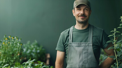 gardener in a green t-shirt and gray overalls on a green background with copy space and space for text