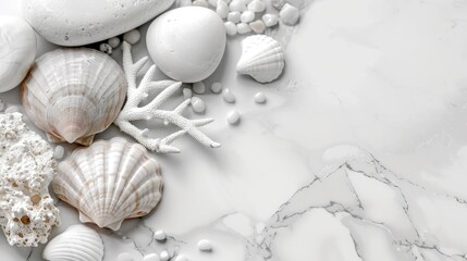 Fototapeta na wymiar Composition with shells on white marble