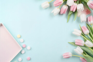 Fototapeta na wymiar a pink and white tulips and a pink tray with white pills on a blue background with a pink and white border, generative ai