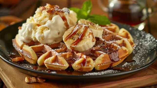 A Serving of Belgian Waffles Paired Perfectly with Vanilla Ice Cream and Caramelized Bananas
