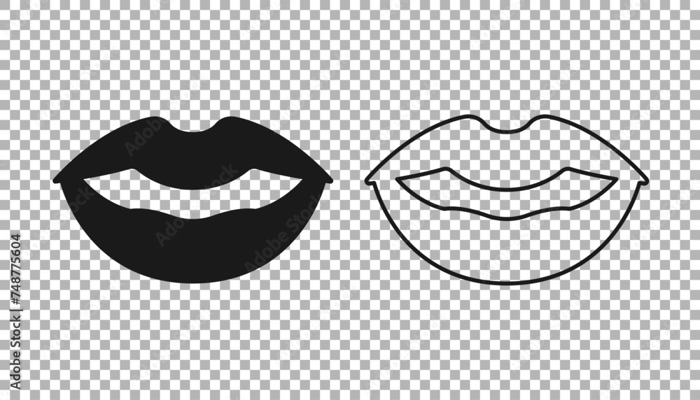 Sticker Black Smiling lips icon isolated on transparent background. Smile symbol. Vector