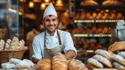  bakery banner, smiling baker in an apron and white cap on the background of a bakery with copy space and place for text © katerinka