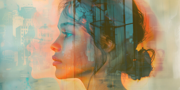 A creative portrait of a young woman journey, through the complexity and depth of human emotions. Woman's day concept.
