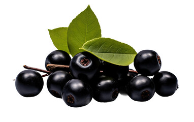 A group of blackberries, dark purple in color. The berries are accompanied by green leaves, adding a touch of freshness to the composition.