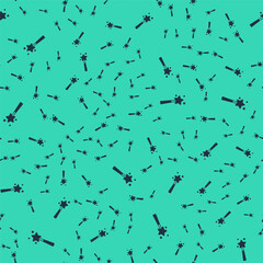 Black Magic wand icon isolated seamless pattern on green background. Star shape magic accessory. Magical power. Vector