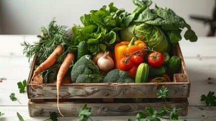 Fresh Vegetables Elegantly Nestled in a Rustic Wooden Crate