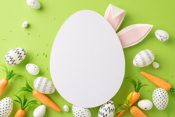 Easter fantasy in a top view image: a spectrum of eggs, bunny morsels, and sprinkles on a pale green setting, complemented by rabbit ears beside egg-shaped spot for customized messages or promotions - obrazy, fototapety, plakaty