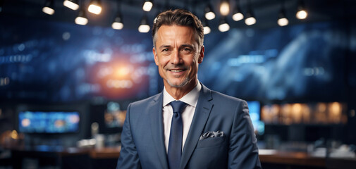 TV news presenter handsome mature white american british guy in a suit on live stream broadcast on television popular channel - obrazy, fototapety, plakaty