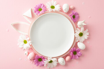 Festive Easter dining concept. Top view of whimsical rabbit ears peeking from dish, surrounded by...