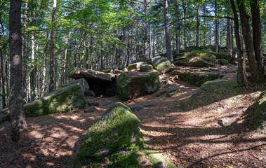 Mont Sainte Odile, France - 09 11 2020: Path of the Gauls. View of the druids' cave in the forest.