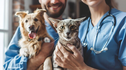 banner for a veterinary clinic, veterinarian with a puppy and kitten in his arms close-up