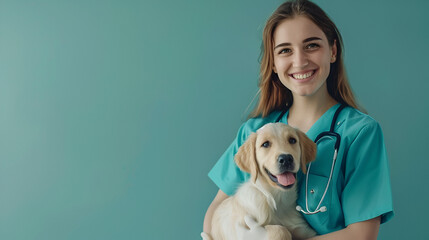 banner for a veterinary clinic with copy space, happy veterinarian with a puppy in his arms on a green background with space for text