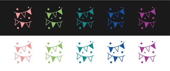 Set Carnival garland with flags icon isolated on black and white background. Party pennants for birthday celebration, festival and fair decoration. Vector