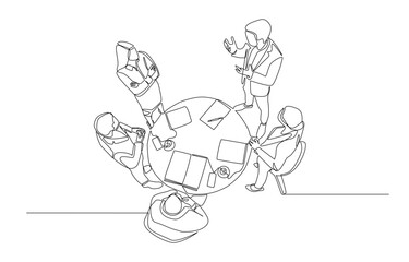 Continuous one line drawing of businesspeople discussing work around round table, business meeting, project discussion concept, single line art.