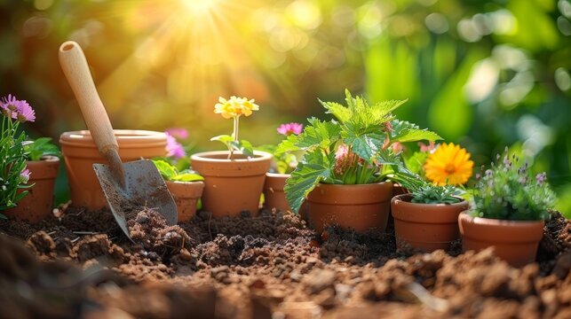 Gardening - A Set Of Tools For A Gardener And Flower Pots In A Sunny Garden