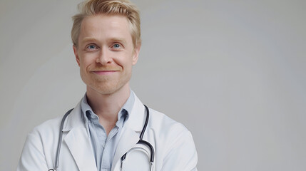 young smiling doctor with blond hair on a white background and copy space