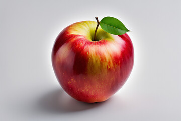 A ripe apple, vivid red and yellow, and green leaves look fresh.