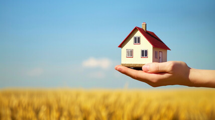 A hand holding a house model in an empty field, symbolizing the concept of real estate, homeownership, or construction in an open and spacious environment.