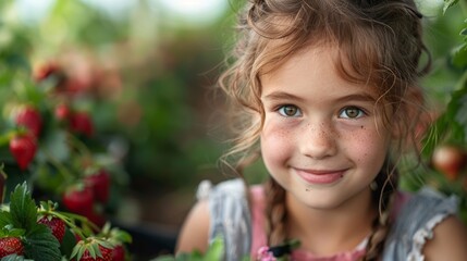 Smiling girl gardening and picking strawberries