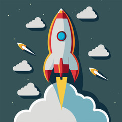 Space rocket flying towards the clouds believable rocket icon