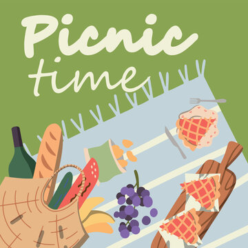 Picnic In The Park. Basket Of Delicious Food Fruits, Vegetables, Pies, Buns. Cards. Background Space For Text. View From Above. Flat Design Style. Vector Illustration