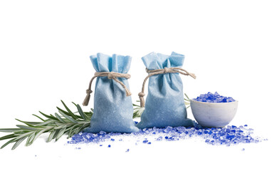 In this image, two bags of blue sea salt are placed next to a bowl filled with sea salt. The bags and bowl are on a flat surface, with the sea salt visible in each container.