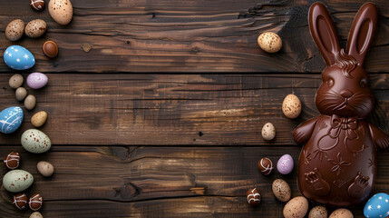 chocolate bunny and easter eggs on a wooden board with copy space and place for text