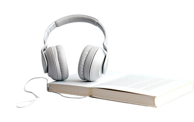 A pair of black headphones is casually placed atop an open book, creating a juxtaposition of technology and literature. The headphones are sleek and modern with the classic pages of the book.